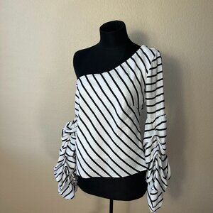 DO + BE Women's Blouse Size L One Shoulder Removable Elbow Ruffled Sleeve Stripe